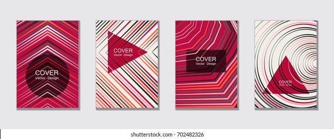 Cherry, pink and grey halftone vector cover template set with lines, triangles, circles. Title places. Vector journal design geometric shape background set, halftone lines hipster covers collection.