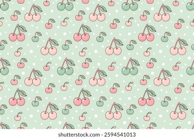 Cherry pink pastel and soft green pretty design seamless repeat pattern