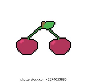 Cherry pixel art. Cherries 8 bit. pixelated Vector illustration
