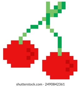 Cherry in pixel art.  Cherry in retro 8-bit game style. Pixel cherry design for stickers, icons, cards.
