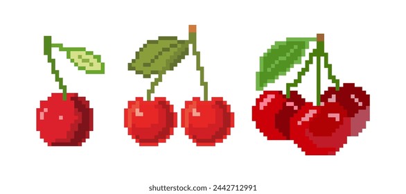 Cherry pixel set vector, isolated on white background. Pixelated fruit vector.