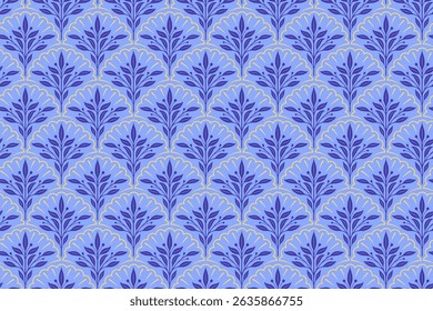 planta de cereja com tronco, folhas, ramo colorido padrão sem emenda no fundo azul. planta de oliveira com redemoinho de folha e crista coroa doodle ornamento decoração fundo para beleza moda mercadoria