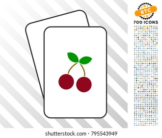 Cherry playing cards pictograph with 700 bonus bitcoin mining and blockchain design elements. Flat vector pictures for gambling and blockchain apps.