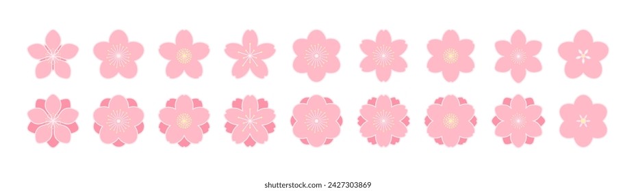 Cherry, plum, apricot, peach, apple blossoms, pink flowers, floral design elements collection, clipart set, isolated on white. Line art vector illustration. Spring bloom logo, icon. Seasonal promotion