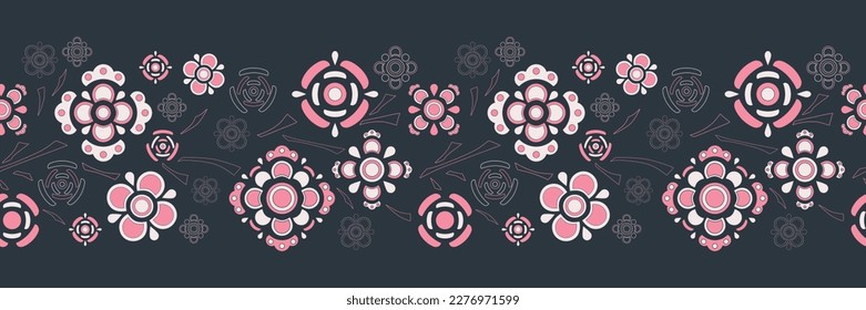 Cherry or plum blossom seamless border with dark background. Stylized floral border for interior  design, Chinese New Year, Hanami, greeting card or other using. Vector illustration.