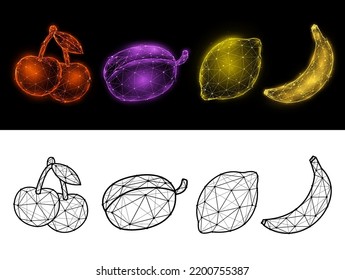 Ilustración vectorial poligonal de cerezo, ciruela, limón y plátano aislada en un fondo blanco y negro. La fruta marca un diseño de polos bajo. El concepto de fruta de las tragamonedas.