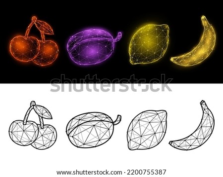 Cherry, plum, lemon and banana polygonal vector illustration isolated on a black and white background. Fruit set low poly design. Slot machine fruit concept art.