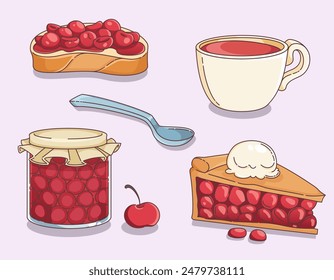 Cherry preserve jam in glass jar with fabric cap, fresh berry, triangular piece of sweet baked pie, sandwich from bread toast with spread marmalade, cup of juice or tea and spoon for breakfast.