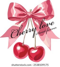 Cherry print design vector with slogan and pink bow.