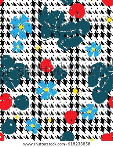 cherry print on check  seamless pattern.vector illustration Fabric background