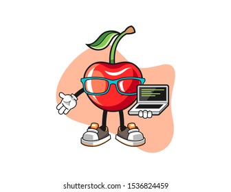 Cherry programmer cartoon. Mascot Character vector.