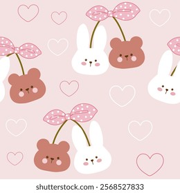 cherry rabbit and teddy bear with polka dot white pink bow  and heart seamless pattern , vector , illustration 