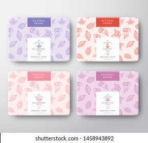 Cherry, Raspberry, Blueberry and Currant Soap Cardboard Boxes Set. Abstract Vector Wrapped Paper Container with Label Cover. Packaging Design. Hand Drawn Berries Background Pattern Layout. Isolated.