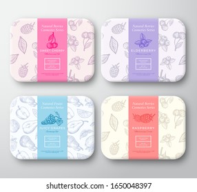 Cherry, Raspberry, Blueberry and Grapes Cardboard Boxes Set. Abstract Vector Wrapped Paper Cosmetics Container Label Cover. Packaging Design. Hand Drawn Berries Background Pattern Layout. Isolated.