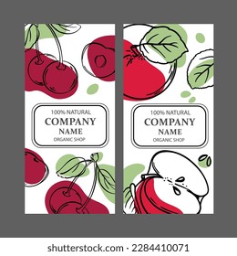 CHERRY AND RED APPLE Label Templates Design Of Stickers For Shop Of Tropical Organic Natural Fresh Juicy Fruits And Dessert Drinks In Vintage Vector Collection