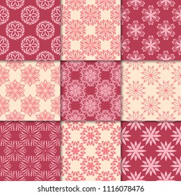 Cherry red and beige floral ornaments. Collection of seamless patterns for paper, textile