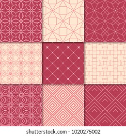 Cherry red and beige geometric ornaments. Collection of seamless patterns for web, textile and wallpapers