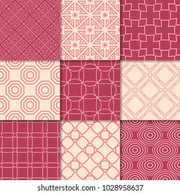 Cherry red and beige geometric ornaments. Collection of seamless patterns for web, textile and wallpapers