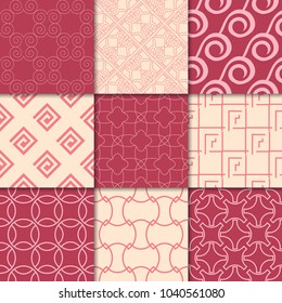 Cherry red and beige geometric ornaments. Collection of seamless patterns for web, textile and wallpapers