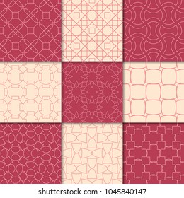 Cherry red and beige geometric ornaments. Collection of seamless patterns for web, textile and wallpapers