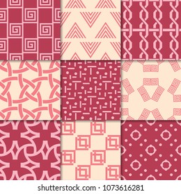 Cherry red and beige geometric ornaments. Collection of seamless patterns for web, textile and wallpapers