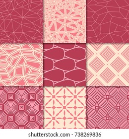 Cherry red and beige geometric ornaments. Collection of seamless patterns for web, textile and wallpapers
