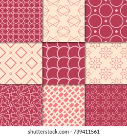 Cherry red and beige geometric ornaments. Collection of seamless patterns for web, textile and wallpapers
