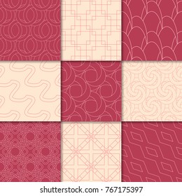 Cherry red and beige geometric ornaments. Collection of seamless patterns for web, textile and wallpapers