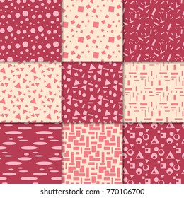Cherry red and beige geometric ornaments. Collection of seamless patterns for web, textile and wallpapers