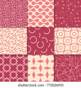 Cherry red and beige geometric ornaments. Collection of seamless patterns for web, textile and wallpapers