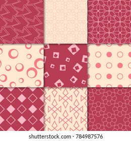 Cherry red and beige geometric ornaments. Collection of seamless patterns for web, textile and wallpapers