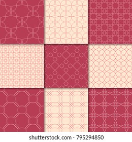 Cherry red and beige geometric ornaments. Collection of seamless patterns for web, textile and wallpapers