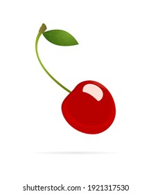 Cherry, red berry with leaf. Isolated fruit on white background. Vector illustration
