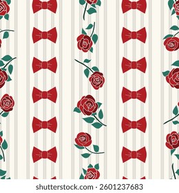 Cherry Red Bows and Roses in Vertical Stripes on Silver Gray Vertical Stripes on a Pale Gray background creating a seamless pattern print background