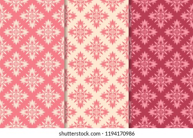 Cherry red floral ornamental designs. Vertical seamless patterns for wallpapers and fabrics