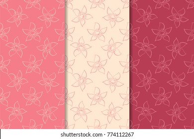 Cherry red floral ornaments. Set of vertical seamless patterns. Wallpaper backgrounds