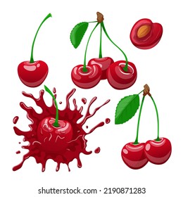 cherry red fruit set cartoon. sour berry, leaf branch, sweet fresh tree food, garden nature ripe cherry red fruit vector illustration