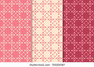 Cherry red geometric backgrounds. Abstract seamless wallpapers. Colored collection
