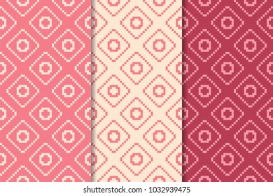 Cherry red geometric ornaments. Set of vertical seamless patterns for web, textile and wallpapers