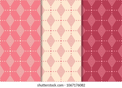 Cherry red geometric ornaments. Set of vertical seamless patterns for web, textile and wallpapers