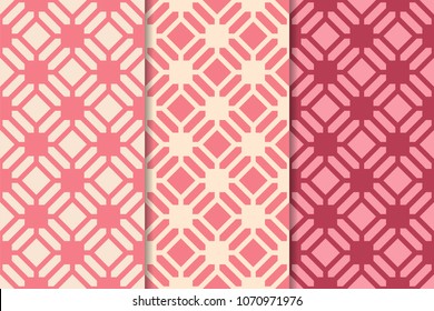 Cherry red geometric ornaments. Set of vertical seamless patterns for web, textile and wallpapers