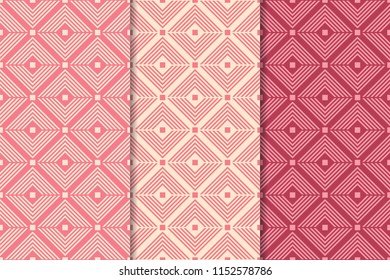 Cherry red geometric ornaments. Set of vertical seamless patterns for web, textile and wallpapers