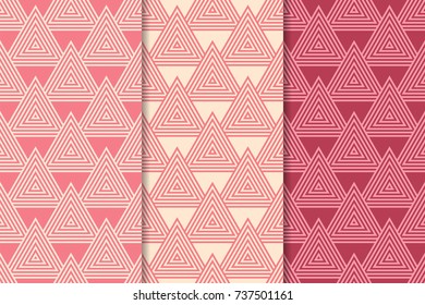Cherry red geometric ornaments. Set of vertical seamless patterns for web, textile and wallpapers