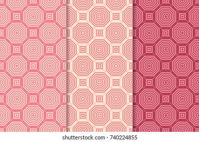Cherry red geometric ornaments. Set of vertical seamless patterns for web, textile and wallpapers