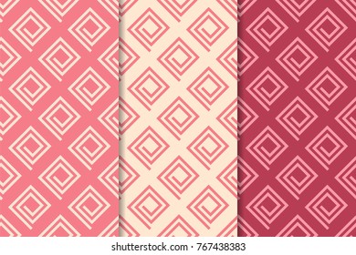 Cherry red geometric ornaments. Set of vertical seamless patterns for web, textile and wallpapers