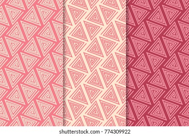 Cherry red geometric ornaments. Set of vertical seamless patterns for web, textile and wallpapers