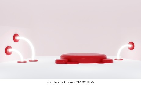 Podio rojo cereza en 3D, con fondo de luz de anillo mini, producto de promoción con estilo, perfecto para la representación mujer producto-3D
