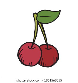 Cherry is red, sweet and tasty fruit, hand drawn simple illustration. Delicious organic jam fruit, colored isolated drawing. Healthy food from nature with leaves, good for making juice, vector sketch.