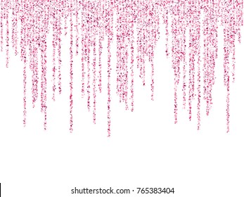 Cherry red and white round confetti festoons, falling garlands holiday background vector illustration. Confetti dust falling down, holiday garlands vertical lines, striped texture.