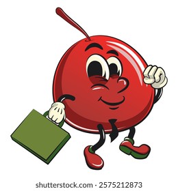 cherry, red, worker, office, love, mascot, cartoon, sweet, character, icon, clipart, vector, logo, design, nature, food, isolated, suitcase, tie, urban, art, illustration, print, shirt, clothing, tee,